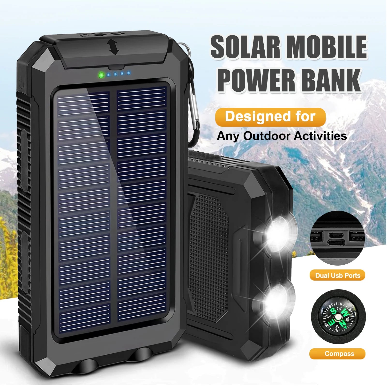 10000mAh Solar Power Bank Portable Waterproof Outdoor Dual 5V 1A USB Ports Fast Charging LED Flashlight for iPhone Tablets