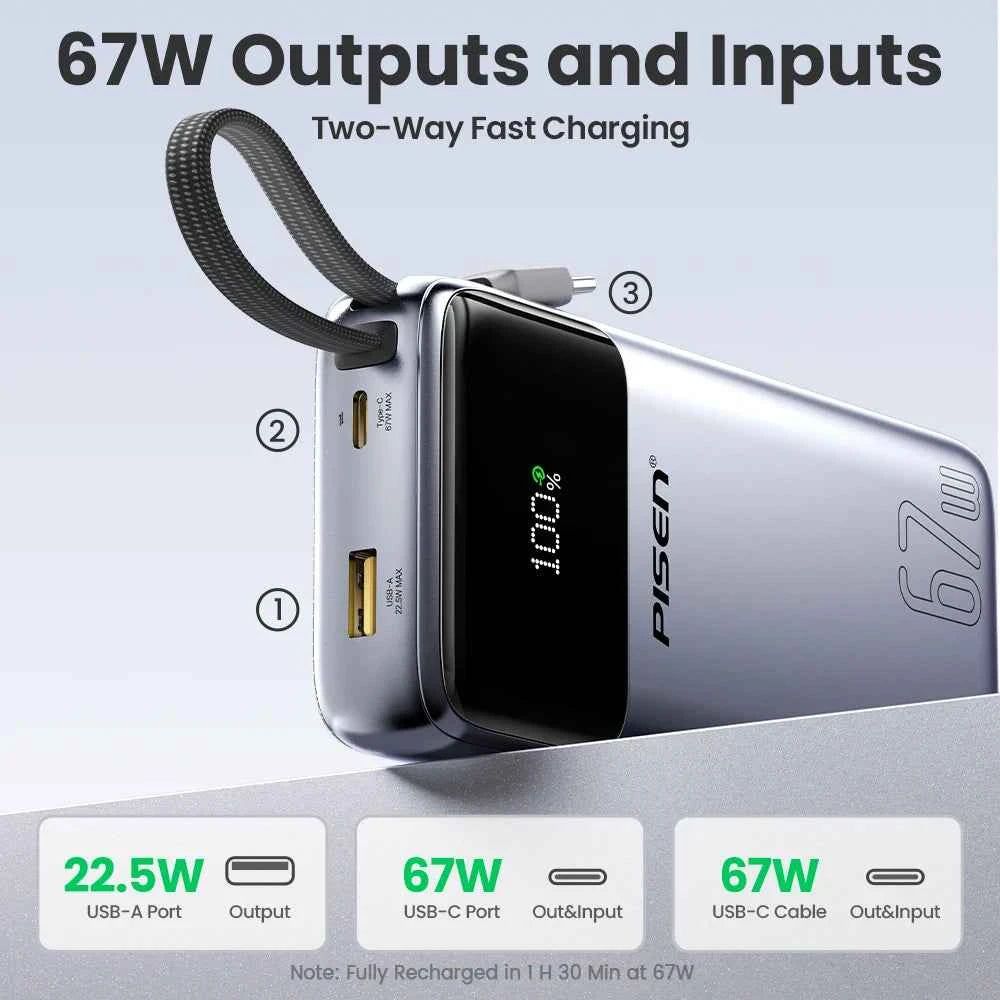 PISEN 20000mAh 67W Power Bank With Fast Charging Cable CCC External Battery For 65W Laptops/ 45W Samsung Phones/ iPhone & iPad