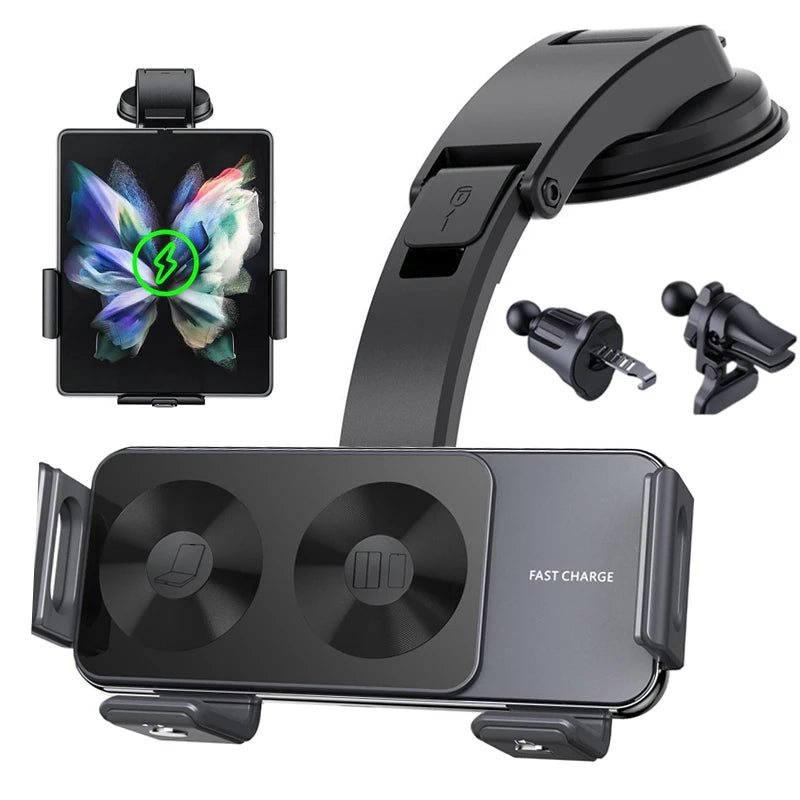 Dual Coil Fold Screen Car Wireless Charger For Samsung Galaxy Z Fold 7 6 5 4 S24 Flip iPhone 17 Pro Max Phone Holder Stand Mount
