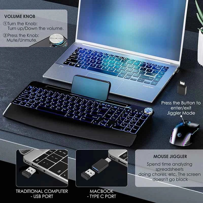 Ergonomic 2.4G Wireless Rechargeable Keyboard Mouse Set for Laptop With Color Backlit Phone Holder Wrist Rest and Jiggler Mouse