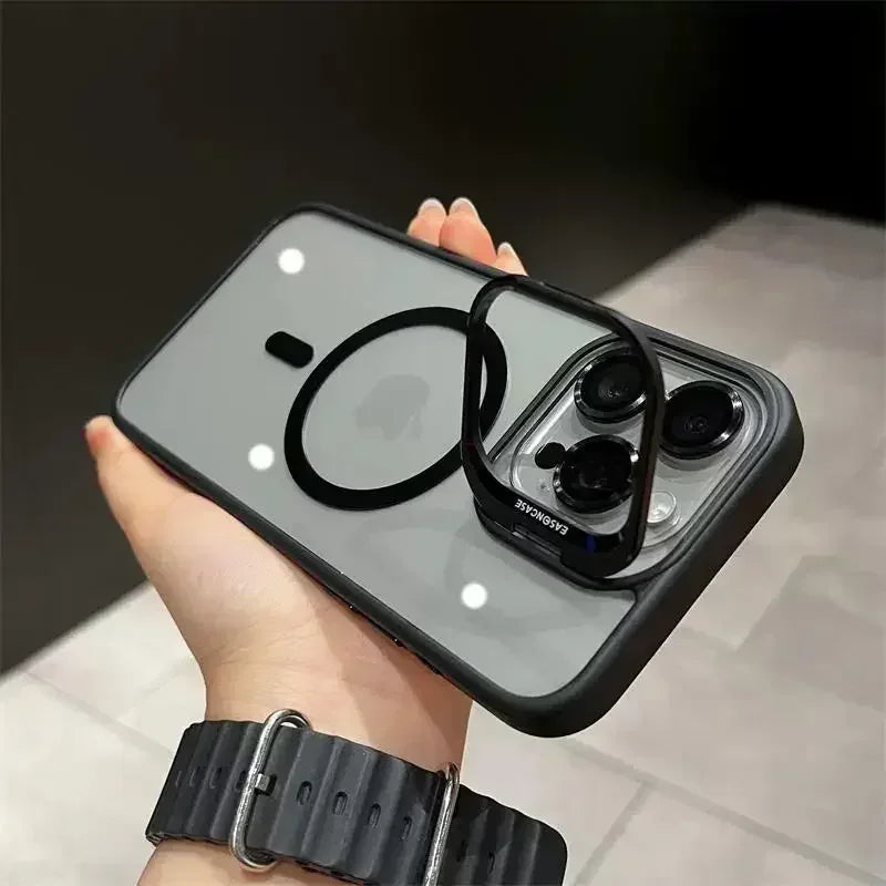 Luxury Magnetic Shockproof Phone Case for iPhone 16/15/14/13/12/11/17 Pro Max with Stand and Glass Lens Case
