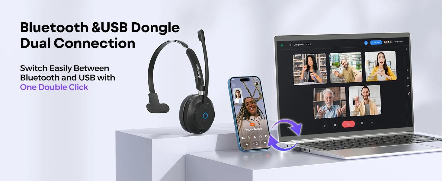 RownFusny R03 Call Center Wireless Headset Bluetooth 5.3 Computer Headphones Bluetooth Headsets with USB Noise Reduction Mic