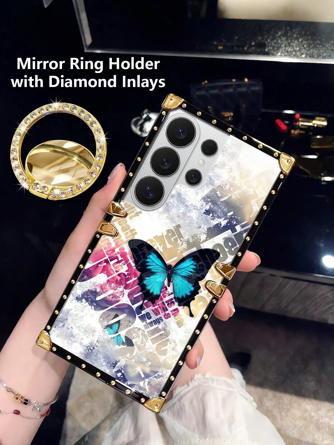 1pc Non-3D Pattern, 2D Rectangular Sheep Leather Texture Rhinestone Butterfly & Floral Contrast Color Edging Shockproof Phone Case, Compatible With Samsung S26 Ultra/S26/S26 Plus/A57 5G/A37 5G And 17 Pro Max/17 Air/14 Pro Max