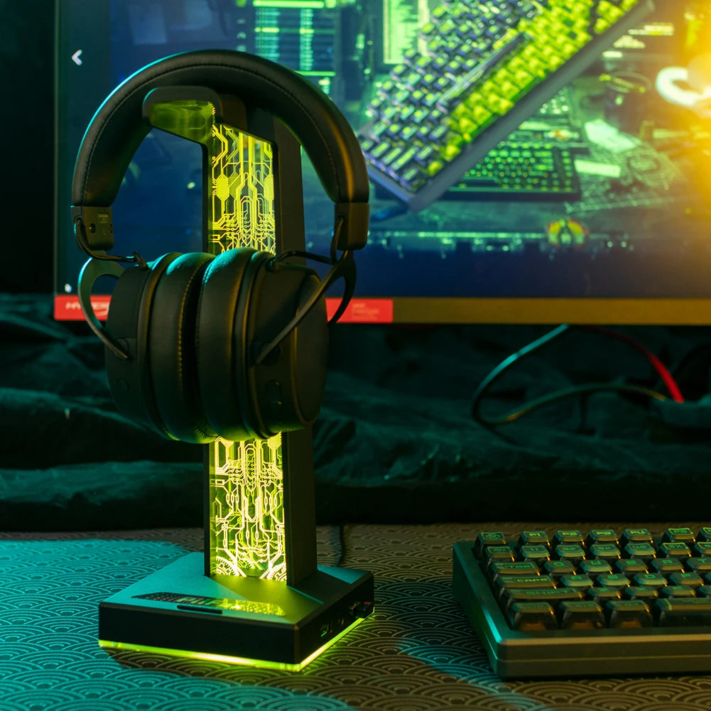 RGB Gaming Headphone Stand 10 Lighting Effects Headphone Stand Holder Rack USB Port 3.5mm Audio Port Desktop Headset Bracket