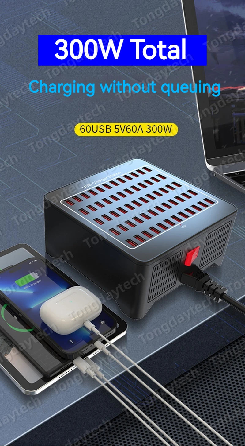 300W Universal Multi USB Charger Station 60 Ports Fast Charging Carregador for iPad iPhone 11 12 13 Pro Max Samsung Tablet 충전기