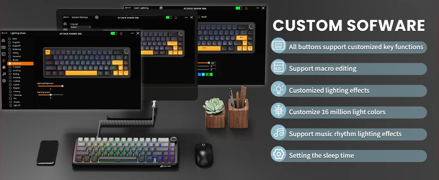 ATTACK SHARK X66 65% Wireless Mechanical Keyboard with Knob, 66 Keys Tri Mode Gasket Hot Swap RGB Gaming Keyboard 60 Percent,PBT