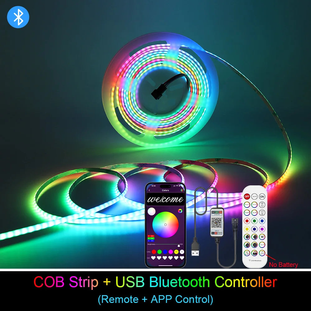5V New 3mm Super Thin Addressable COB LED Strip RGBIC Individual Pixel Control 240LEDs WS2812B Dream Color USB Powered LED Tape