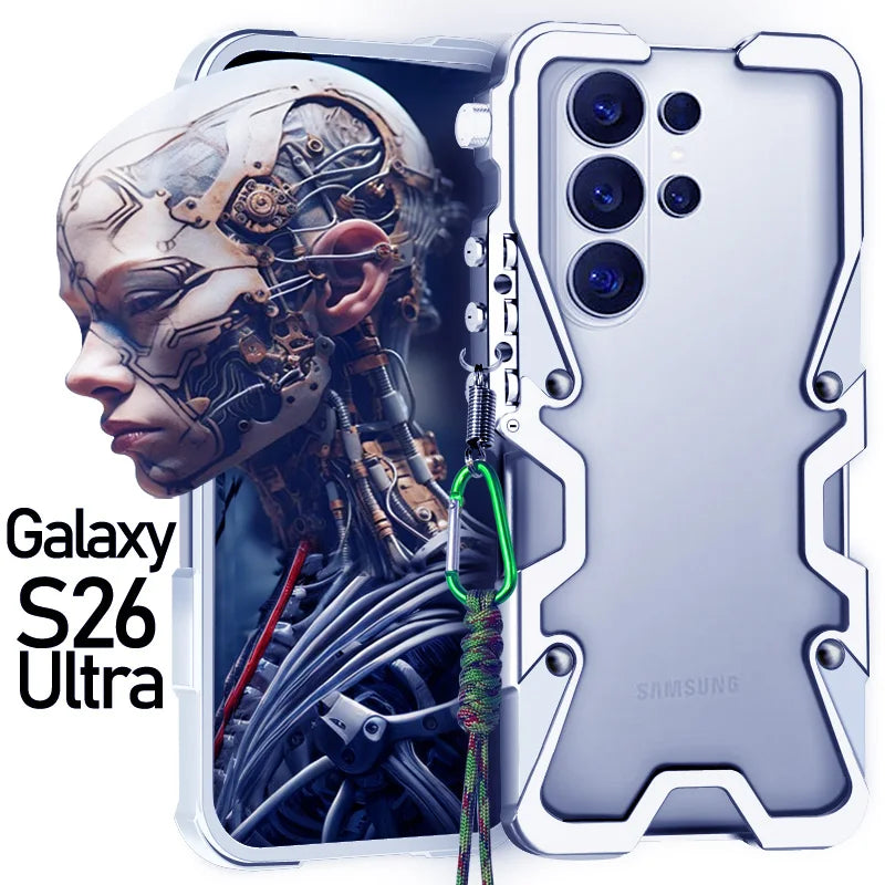 Luxury Armor Metal Aluminum Phone Bumper For Samsung Galaxy S26 S25 S24 Ultra + FE Cover Mechanical Purely Handmade Skull Case