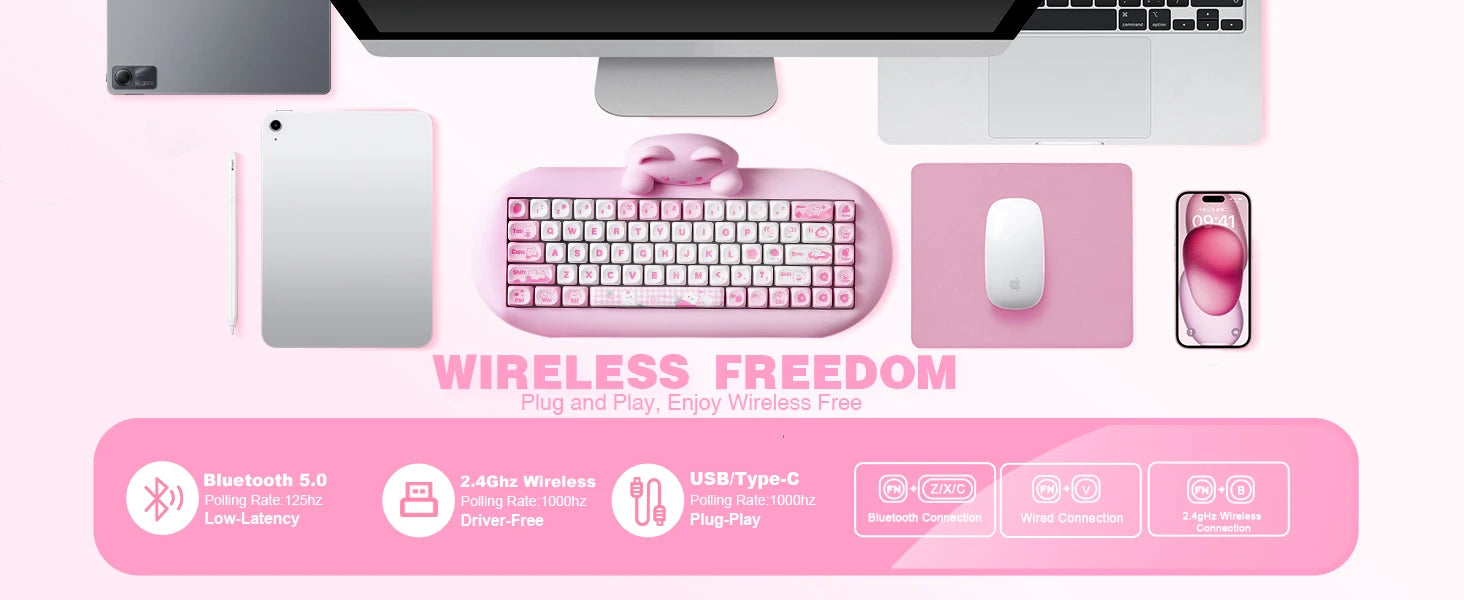 YUNZII C68 Wireless Gaming Keyboard, Hi-Fi Cute Cat Custom RGB Mechanical Keyboard, Silicone 65% Hot Swap Ergonomic Kitty Keeb