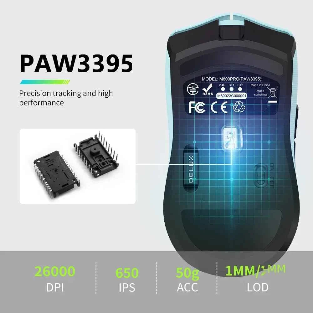Delux M800PRO Gaming Mouse Wireless Tri-Mode Connection PAW3395 26000DPI 6 Programmable Buttons Macro Colorful Mice for PC Gamer