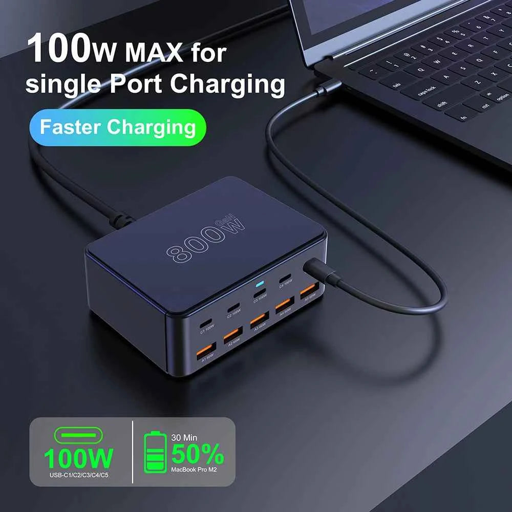 800W USB C GaN Charger 100W PD3.0 PPS QC3.0 Multiport Fast Charging Station for iPhone 15 16 Samsung Macbook Pro Laptops Tablets