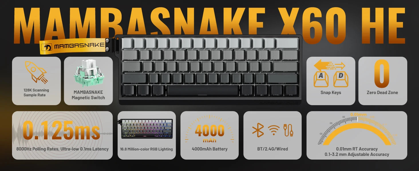 X60 HE 60% Rapid Trigger Wireless Gaming Keyboard,Hall Effect Magnetic Switches,Adjustable Actuation,8KHz Polling Rate