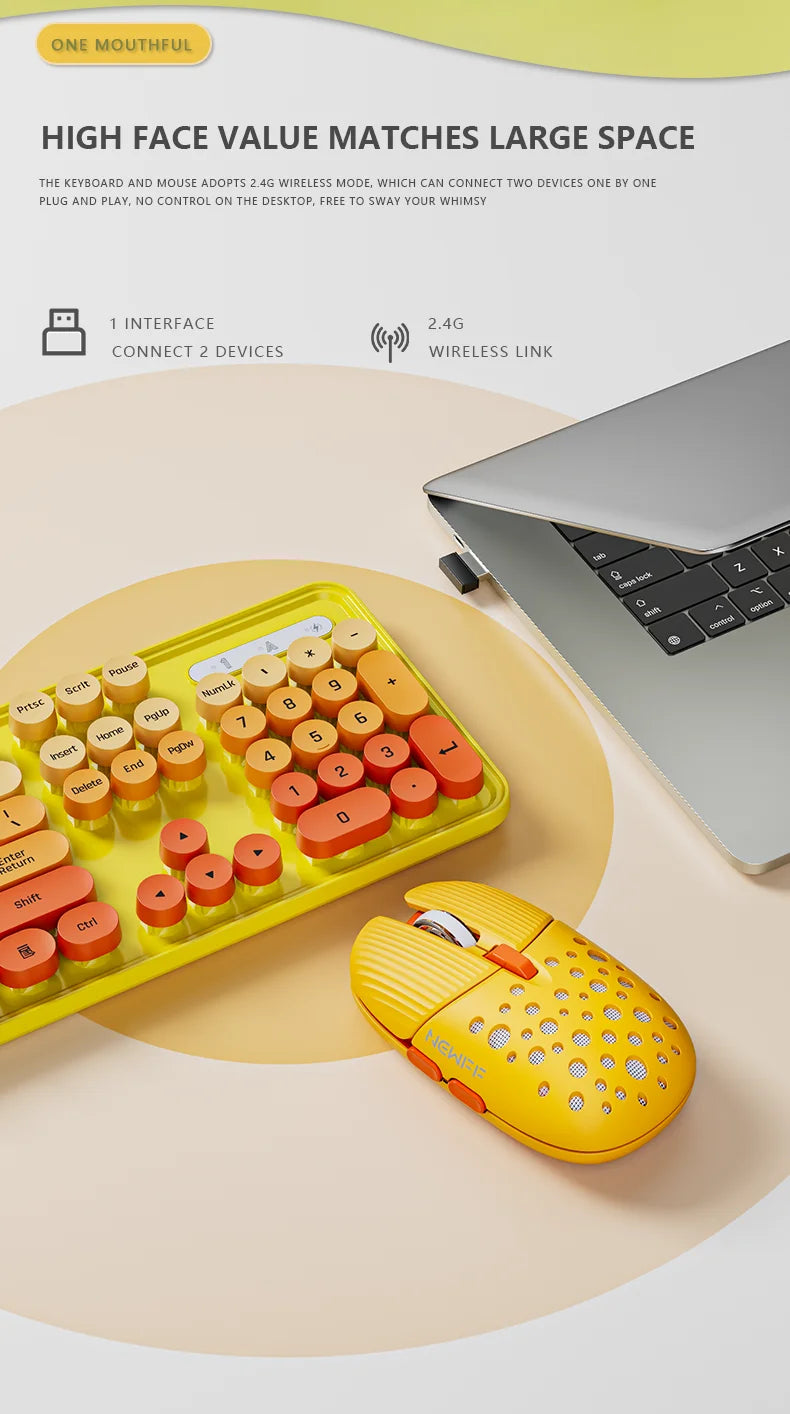 104 Keys 2.4G Wireless Gaming Keyboard and Mouse Combo,Cute Retro Round Keycap Ergonomic Keyboard,With Multimedia function keys