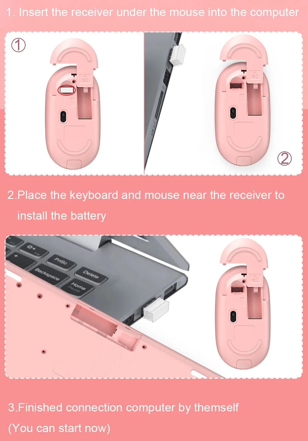 Wireless Mini Pink Keyboard Mouse Combo, 2.4G Portable Silent for PC Laptop Tablet iOS Android Windows, Hot Sale