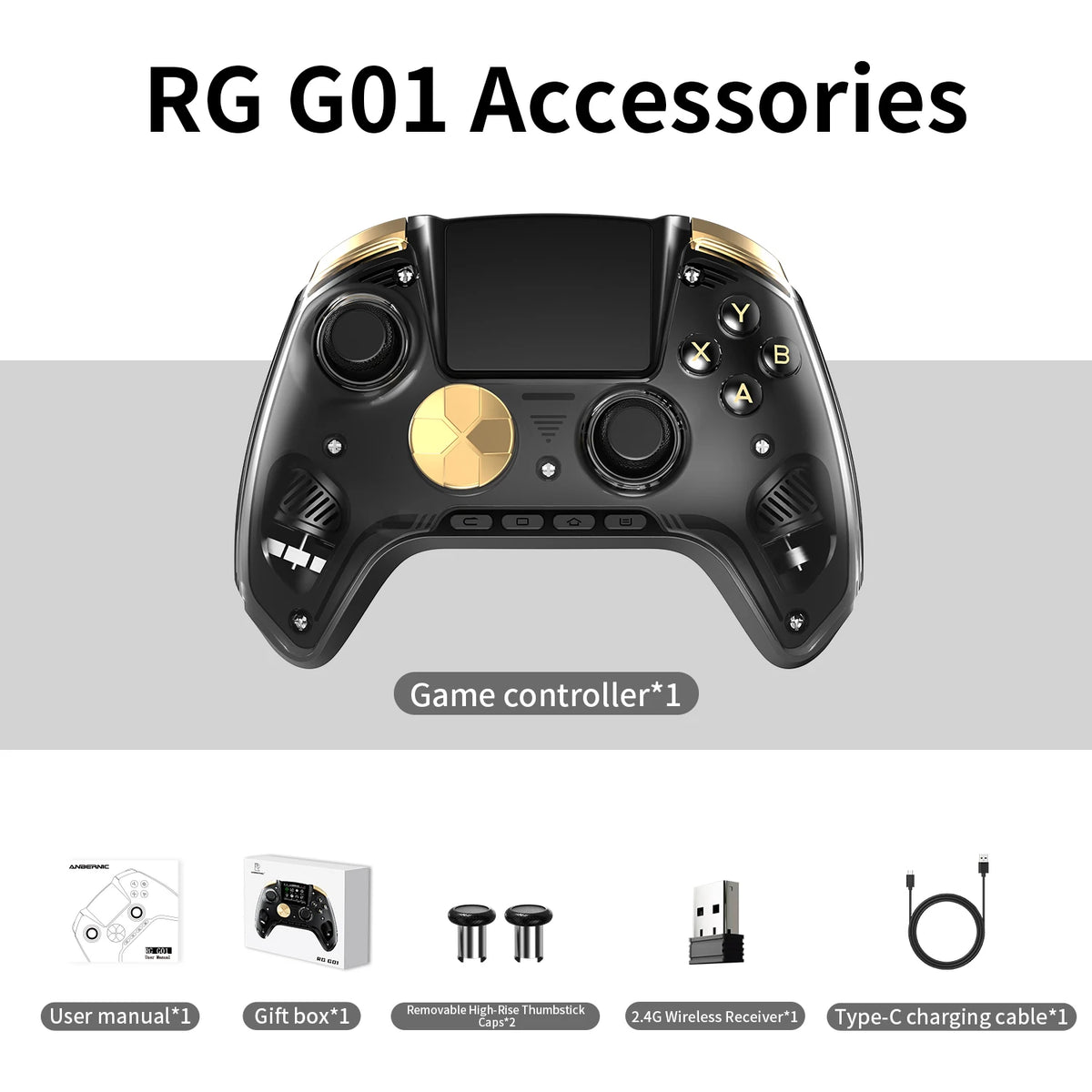 Anbernic RG G01 Interactive Screen Wireless Gaming Controller Compatible with PC/Steam/Linux/Android/Switch/IOS 2.4G Wireless Bluetooth Controller Gamepad Hall Effect Triggers