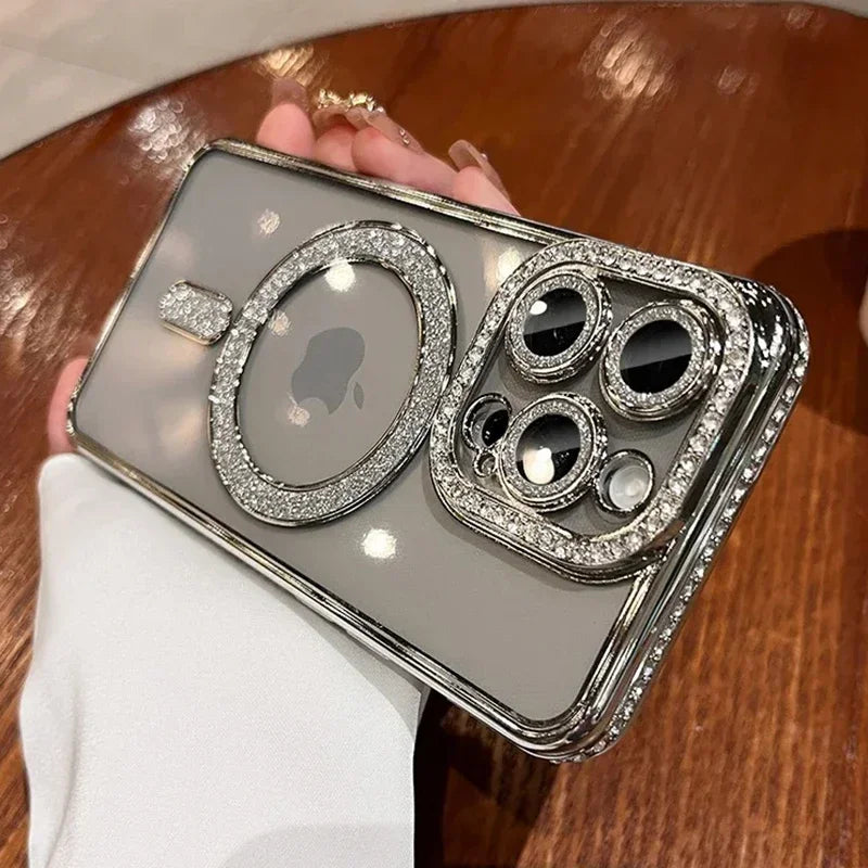New Fashion Glitter Diamond Transparent Case For iPhone 16 15 14 13 17 12 Pro Max 16 Plus Magnetic Wireless Charge Bumper Cover
