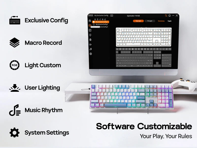 EPOMAKER TH108 100% Full Size Gasket Wired/BT/2.4Ghz Wireless NKRO Mechanical Gaming Keyboard 10000mAh Battery RGB Backlit