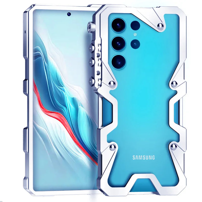 Luxury Armor Metal Aluminum Phone Bumper For Samsung Galaxy S26 S25 S24 Ultra + FE Cover Mechanical Purely Handmade Skull Case