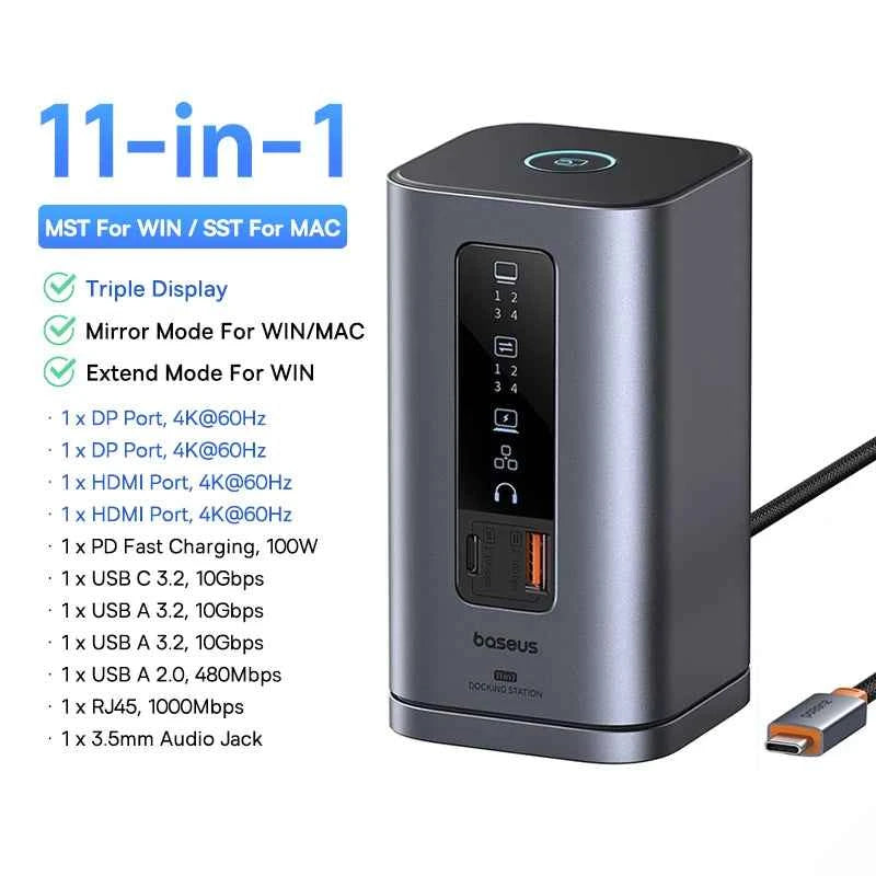 Baseus 12-in-1 USB C HUB to HDMI 4K@60Hz Dual Display USB 3.2 Adapter with RJ45 SD TF PD 100W Docking Station for Window Mac Hub
