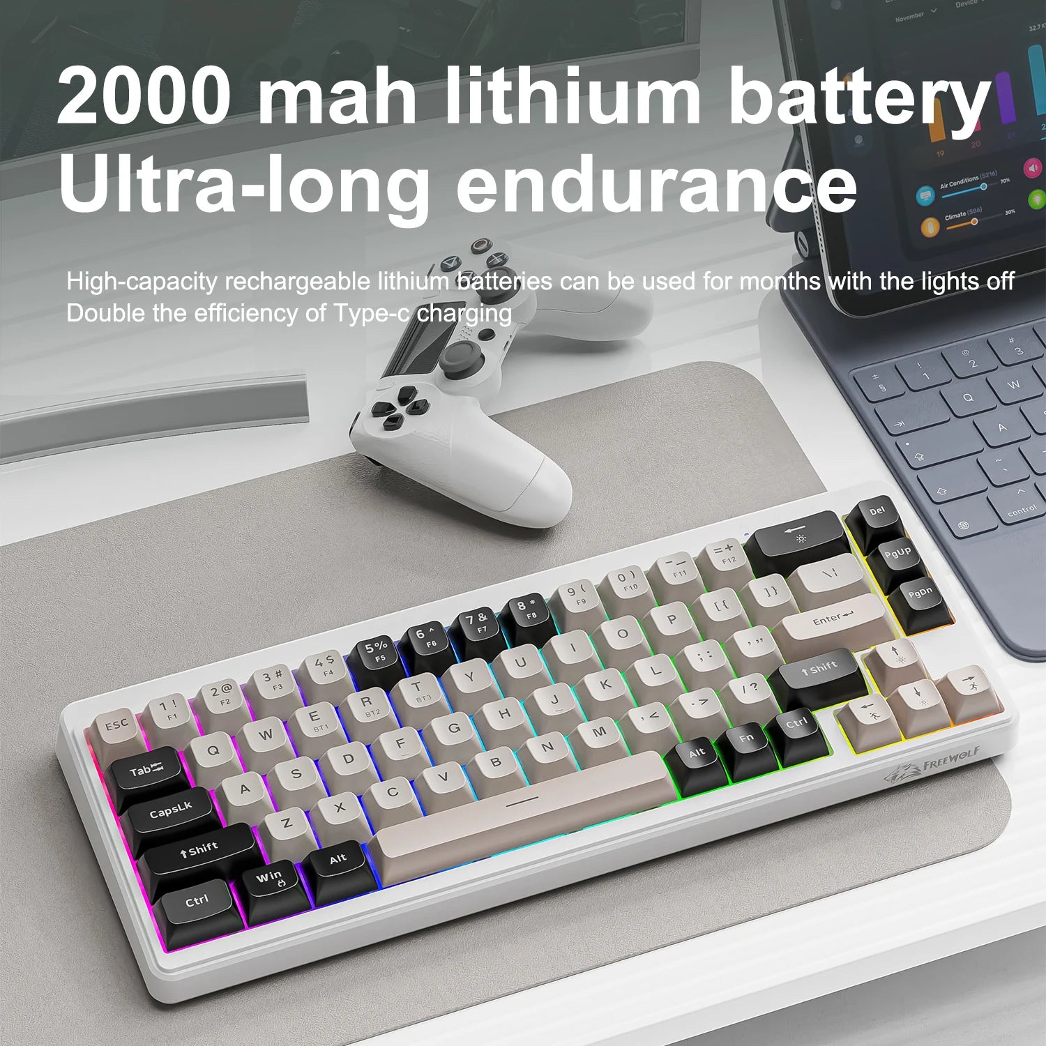 FREEWOLF M68 Wireless Keyboard and Mouse Set Multidevice Connection 68 Keys Mini Keyboard and A3 Mouse Kit PBT keycaps Backlight