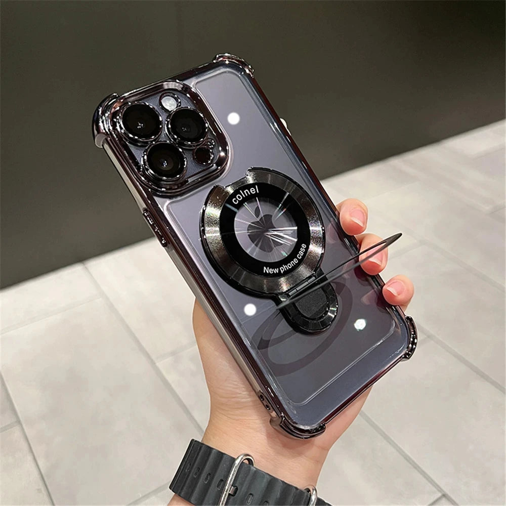 Luxury Plating Shockproof Magnetic Bracket For Magsafe Clear Case For iPhone 17 15 16 14 13 12 11Pro Max With Holder Stand Cover