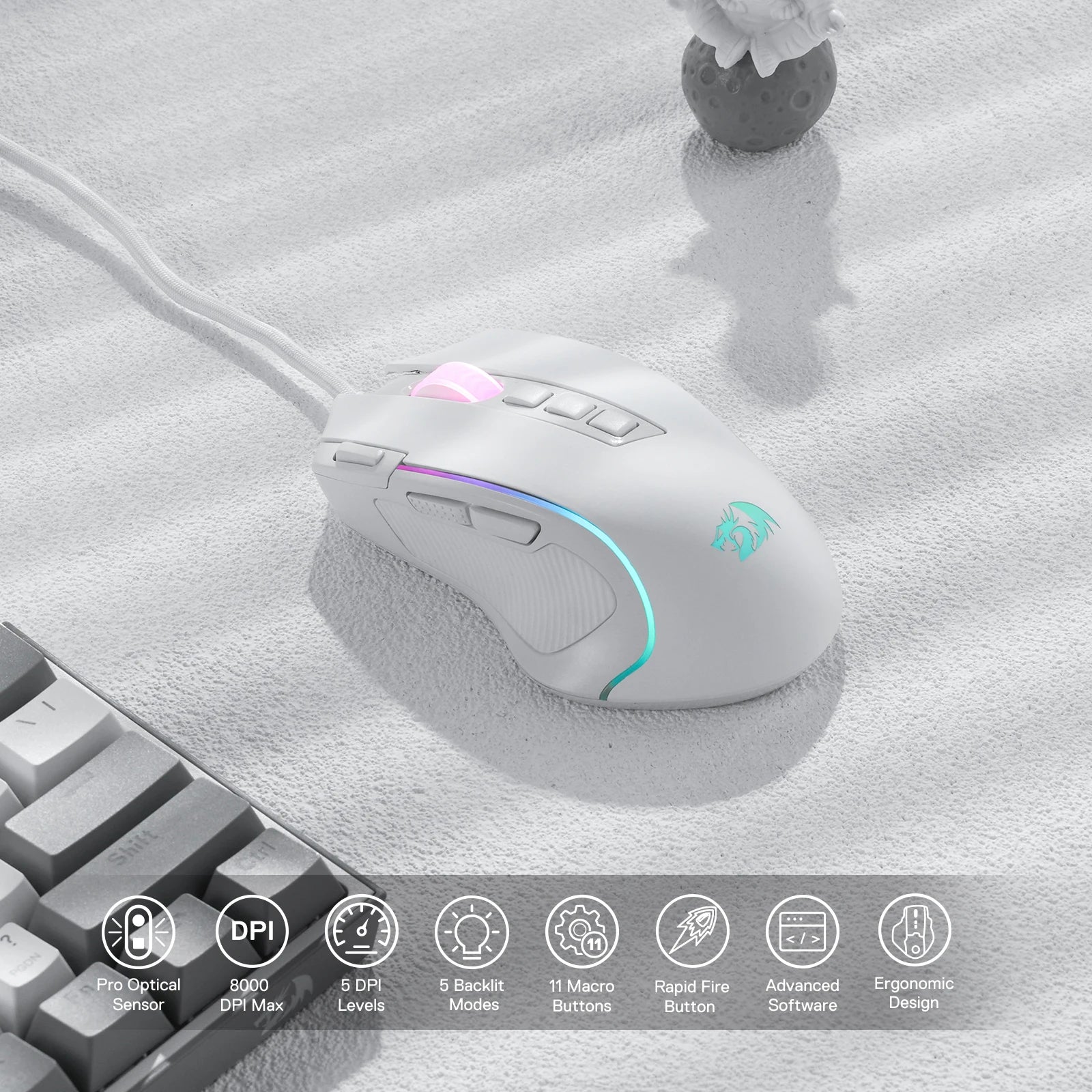 Redragon M612 Predator RGB Gaming Mouse 8000 DPI Wired Optical with 11 Programmable Buttons, White - WinSupport Tech