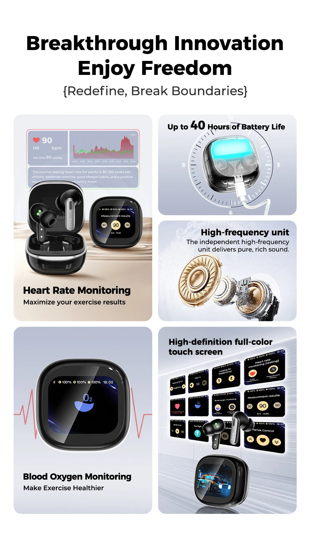 HTC NE46 TWS Earbuds BT 6.0 Heart Rate Monitoring Earbuds Smart Screen Charging Case  Noise Cancelling HiFi Stereo AI Translator