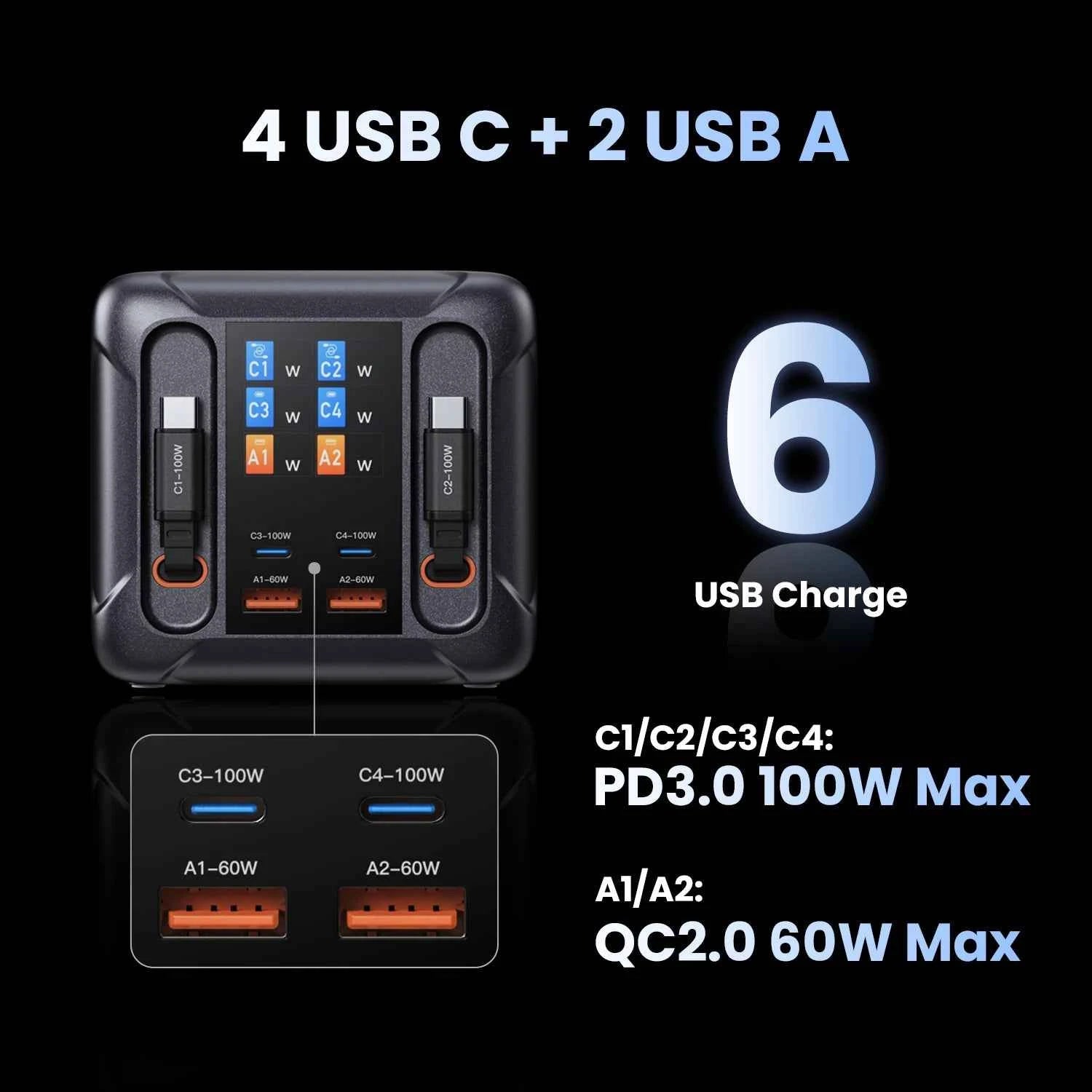 ASOMETECH 300W GaN USB Charger LED Display Retractable Type C Cable 100W 65W PD3.0 PPS Fast Charger Station For Macbook Samsung