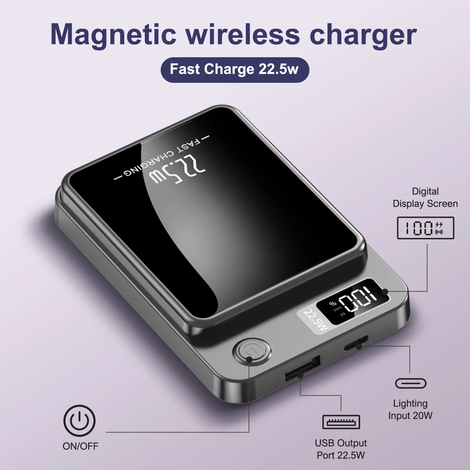 Magnetic Wireless Power Bank Fast Charging PD 22.5W 10000mAh Portable Charger USB-C External Battery For Iphone Huawei Samsung