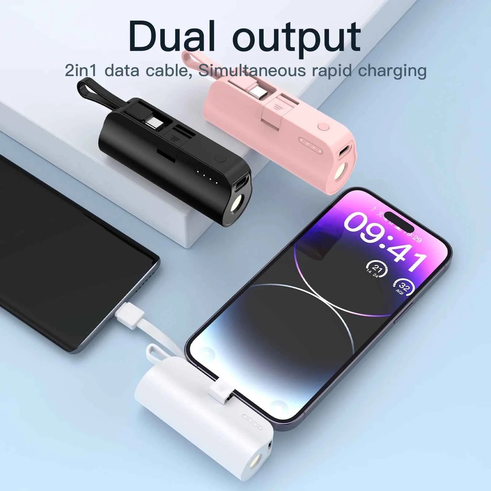 Mini portable 5000mAh power bank with built-in cable charging port, built-in LED lighting lamp, and built-in stand function