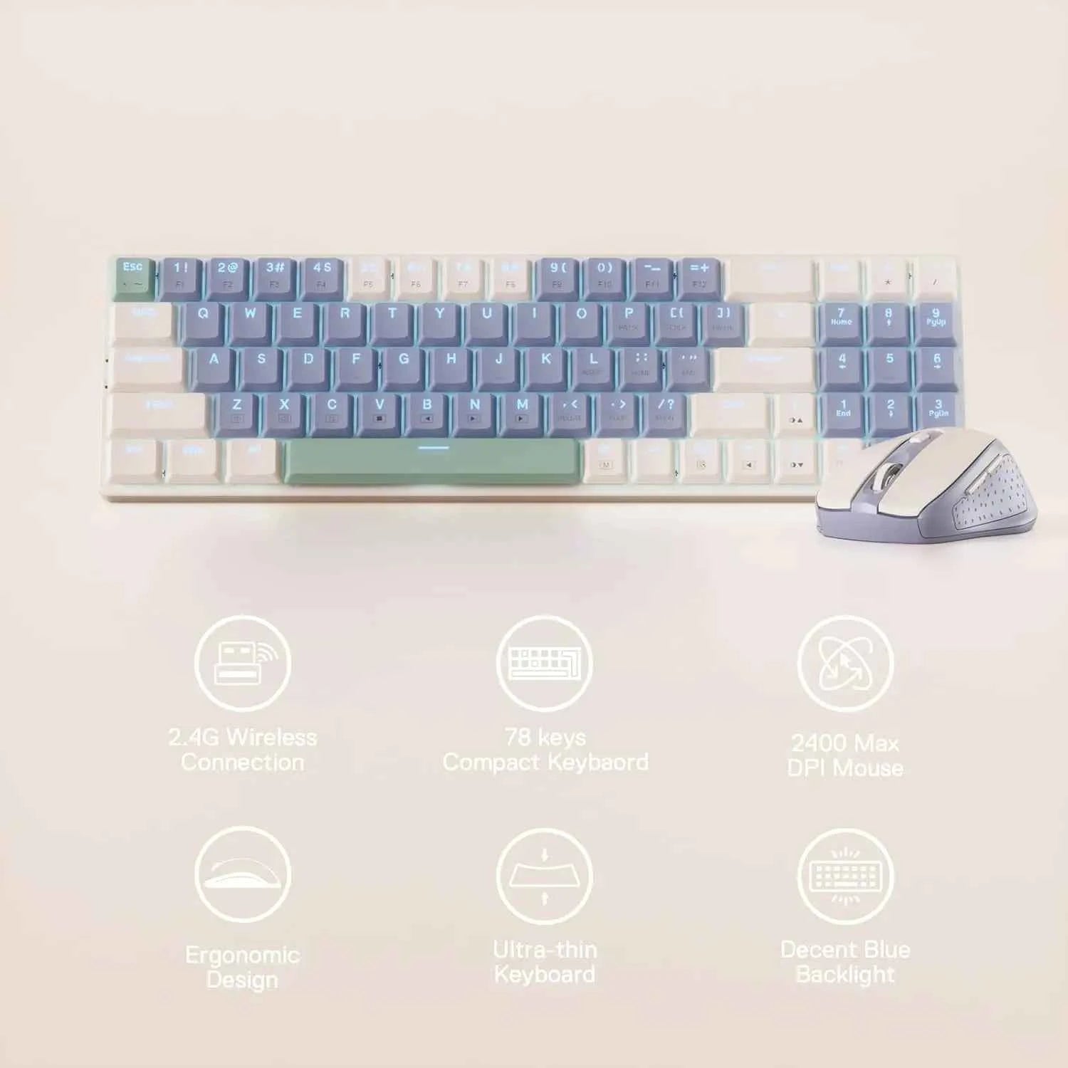 Redragon BS8772 Wireless Keyboard and Mouse Combo,78 Keys 2.4Ghz Wireless Low-Profile Mechanical Keyboard/2400 DPI Ergonomic Mou