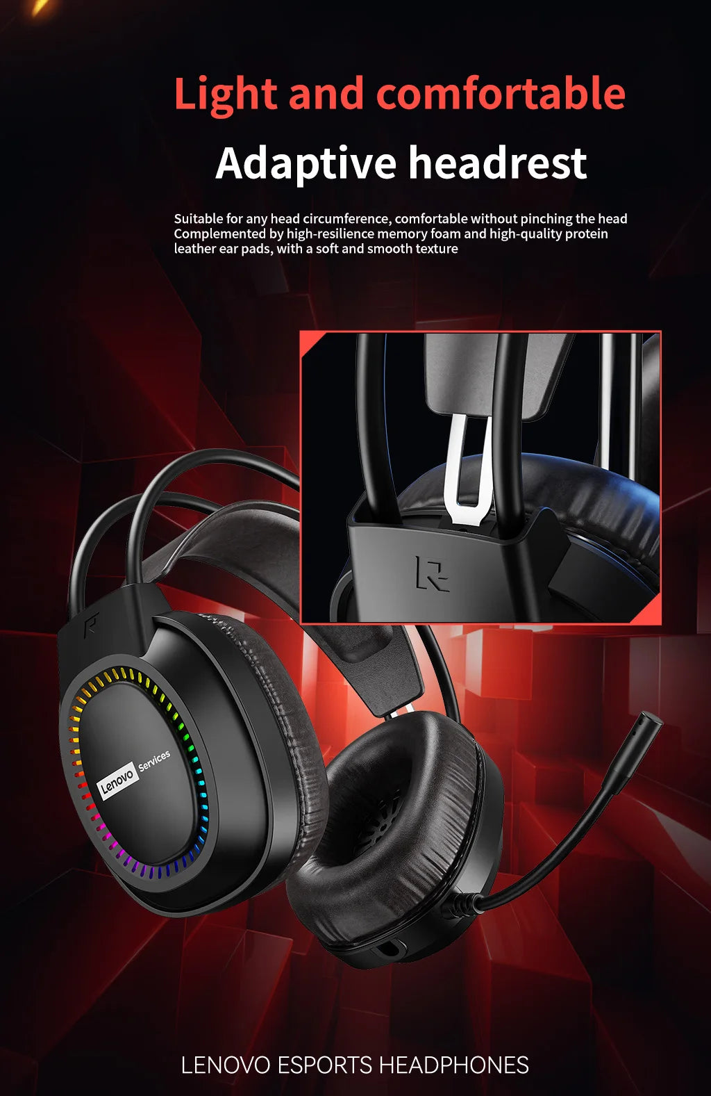 Lenovo Over-Ear Headphones with Microphone, Gaming Headphones, Rgb Lighting, Cool Colorful Lights, Suitable for Desktop and Laptop Computers, Comfortable, Sound-Isolating, and Noise-Cancelling