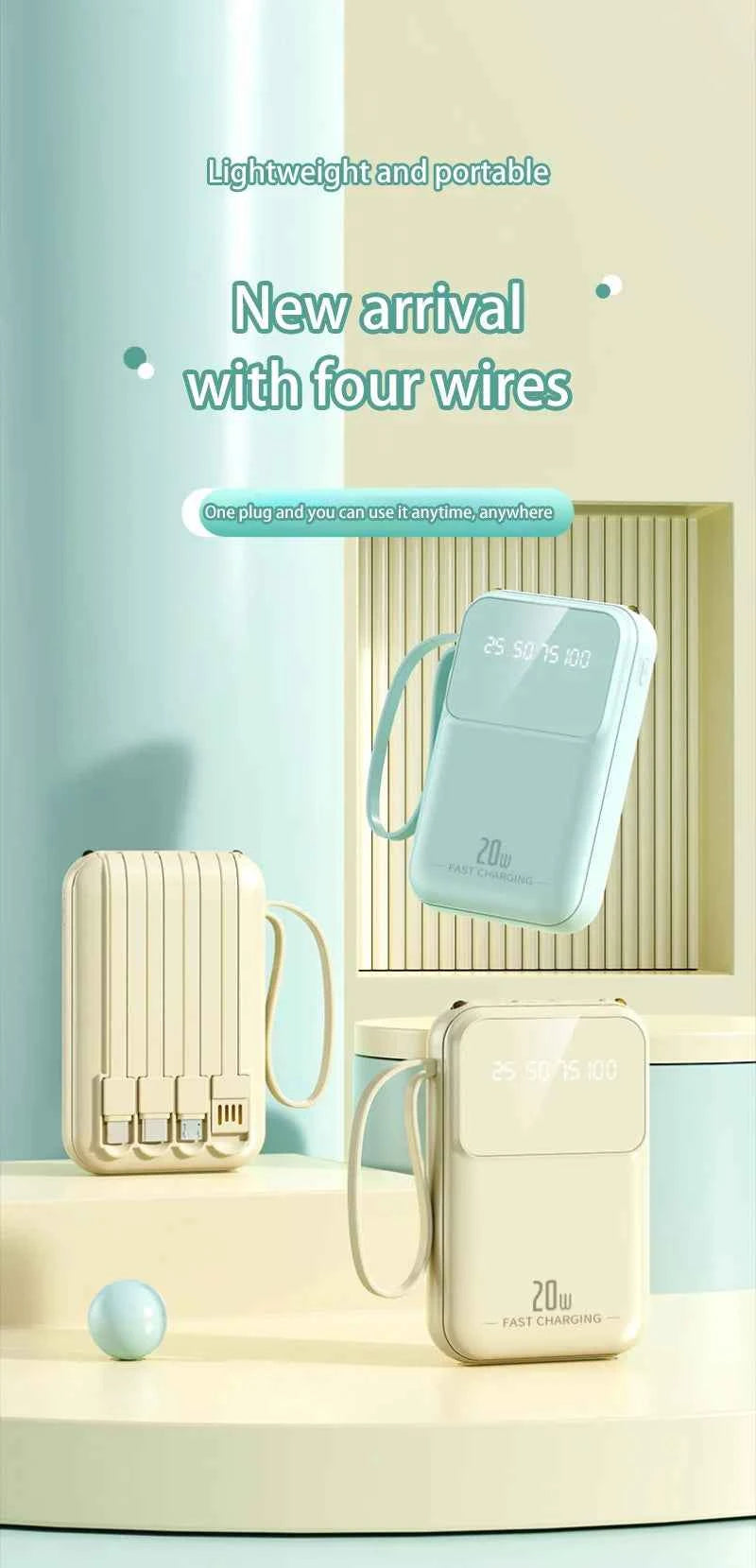 10000mAh compact portable power bank charging with built-in charging cable Powerbank suitable for iPhone/Samsung/Xiaomi/Huaewei
