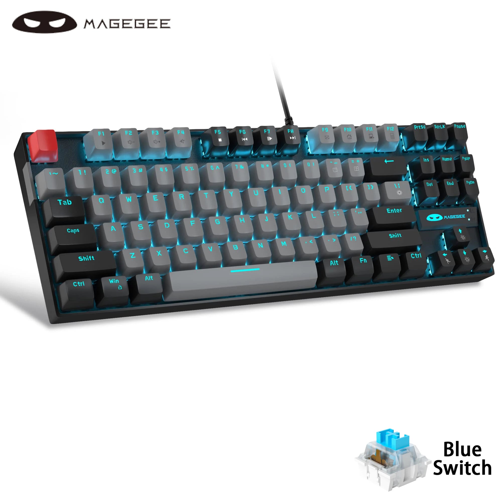MageGee 75% Mechanical Gaming Keyboard with Blue/Red Switch, LED Blue Backlit 87 Keys Compact TKL Wired Keyboard for Windows PC