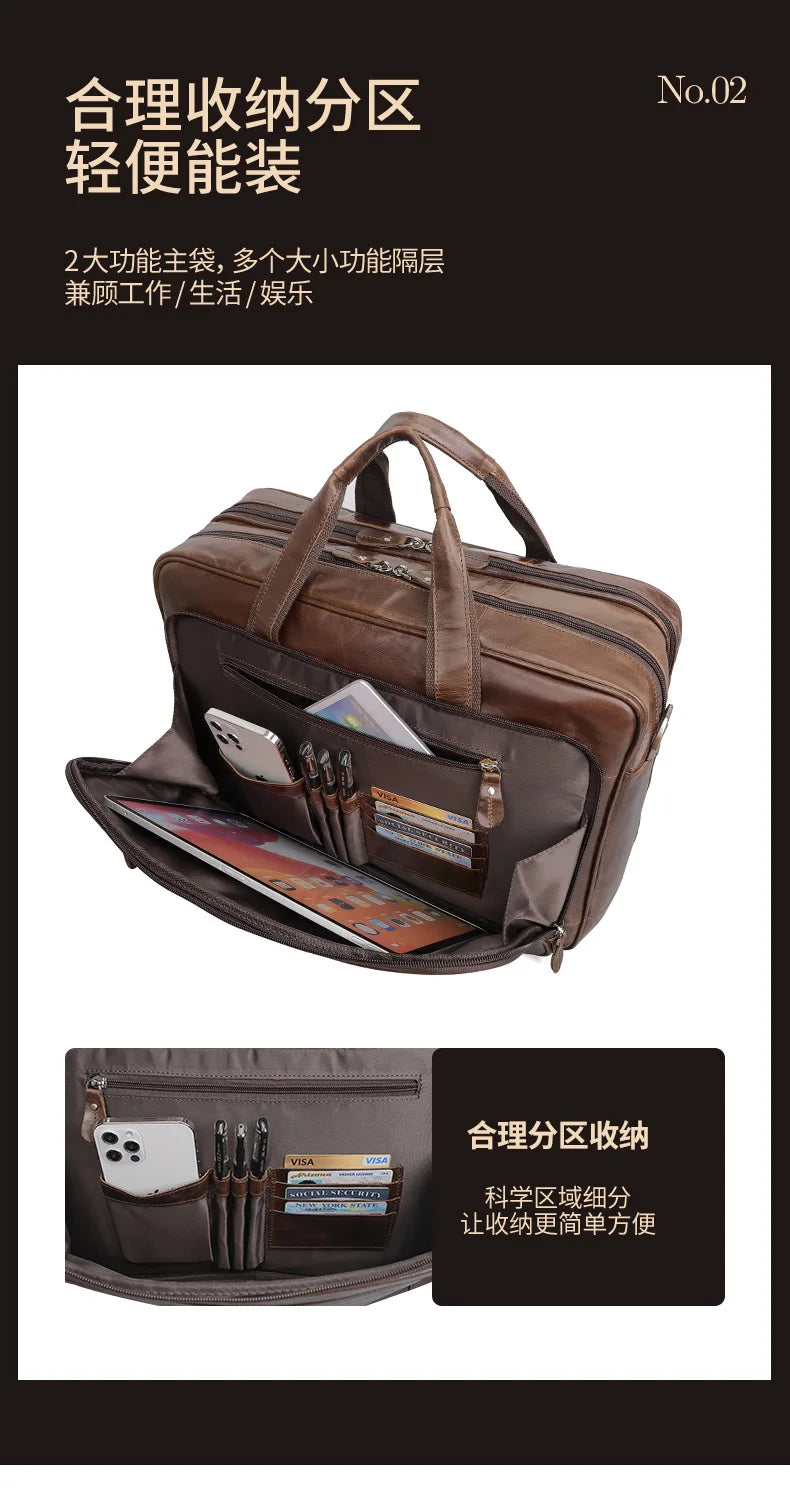 High Quality Genuine Leather Men Briefcase Business bag Crazy Horse Leather Large 17