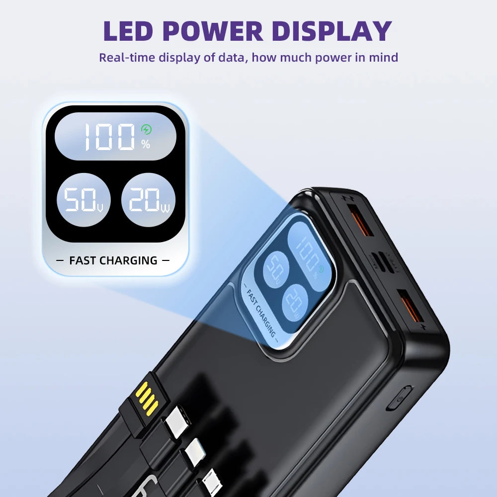 66W Fast Charging Power Bank Built-in 4 Cables LED Digital Display Portable PD20W External Battery Pack Polymer Safe Powerbank for iPhone Android Phones