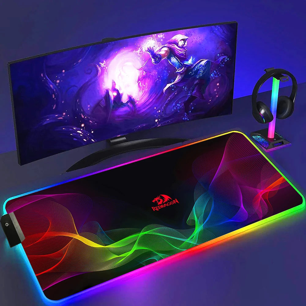 Redragon RGB LED Gaming Mouse Pad Rug Cool Anti-skid Keyboard Mat Computer Desk Accessories Mousepad Luminous Laptop Game Mats