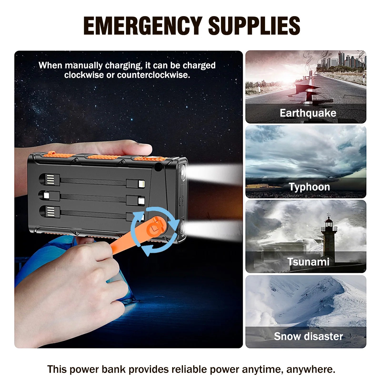 20000mAh Portable Solar Power Bank 20W Fast Charging USB C Hand-Crank Generator Dual LED Flashlights for Outdoor Camping Hiking