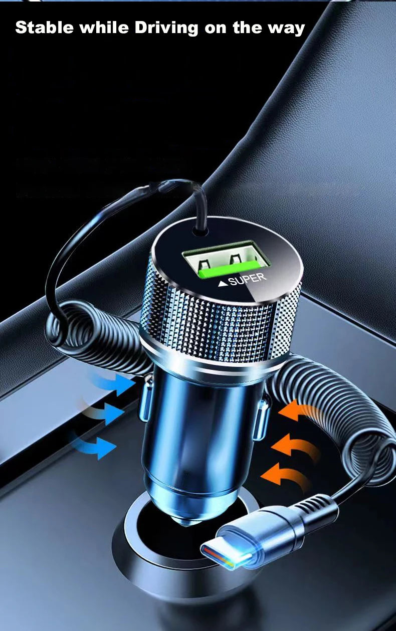 EDEBA Metal USB Car Charger with Type C Cable 12V Super Fast Charging Vehicle Adapter 2 in 1 for iPhone Samsung Huawei VIVO OPPO