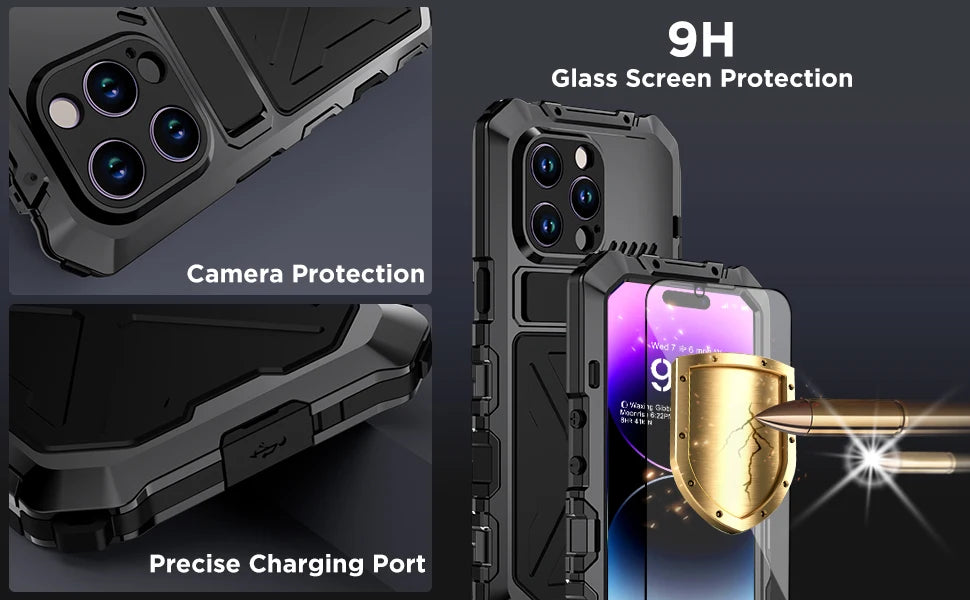 for iPhone 15 14 Pro Max Case Metal Military-Grade Built-in Kickstand & 9H Screen Protector Protective Rugged Heavy Duty Case