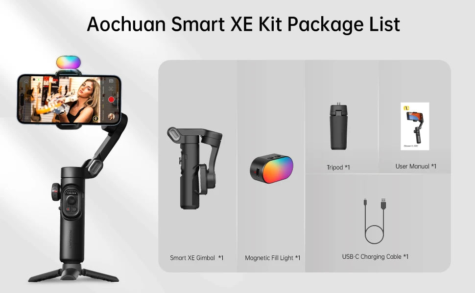 AOCHUAN Smart XE Kit Gimbal Stabilizer for Smartphone iPhone Video Recording Magnetic Fill Light 3-Axis Foldable Android Gimble