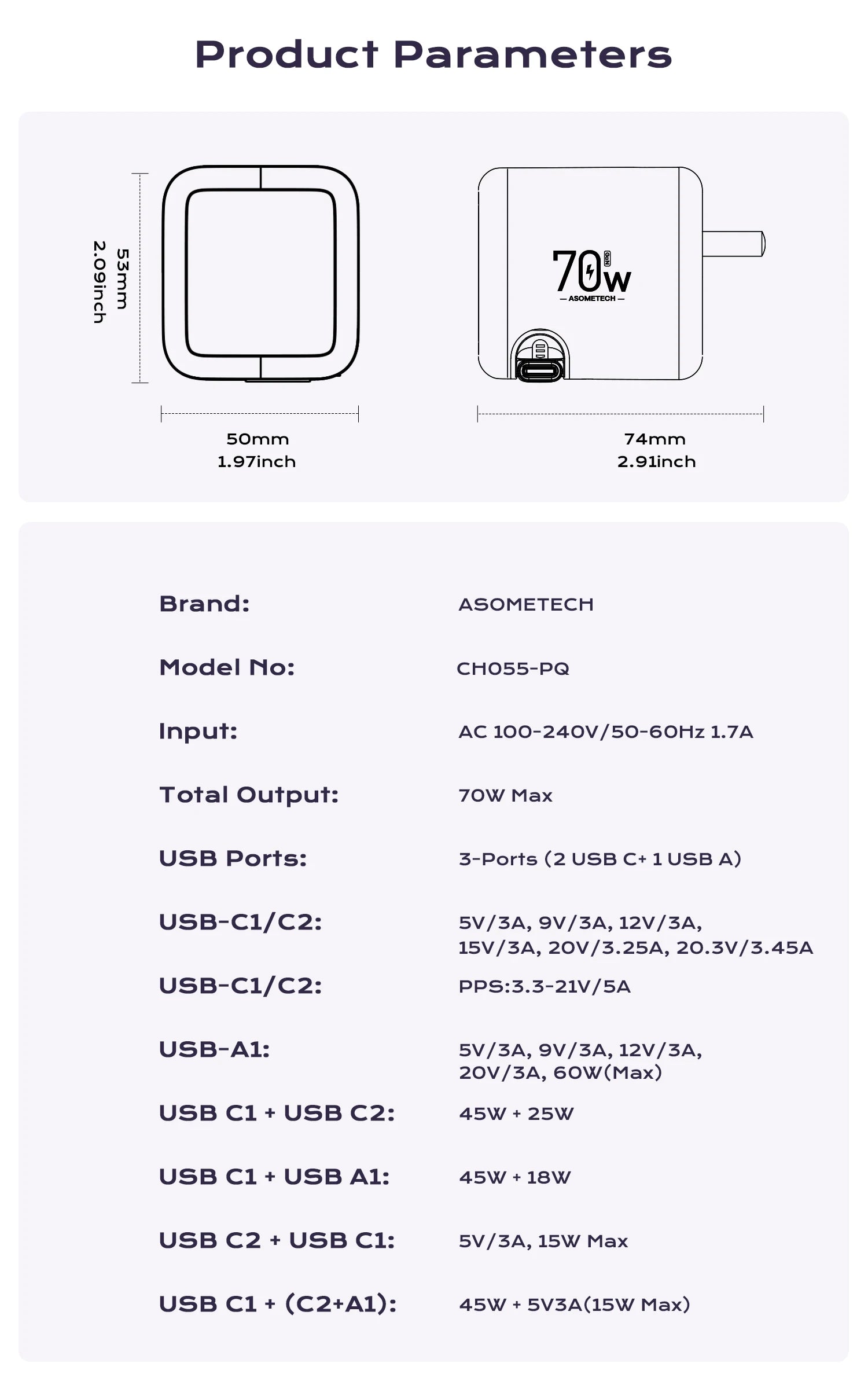 ASOMETECH 70W GaN Charger With Retractable Type C Cable 45W PD QC PPS Travel Charger for iPhone 16 Laptop Macbook Tablet Samsung
