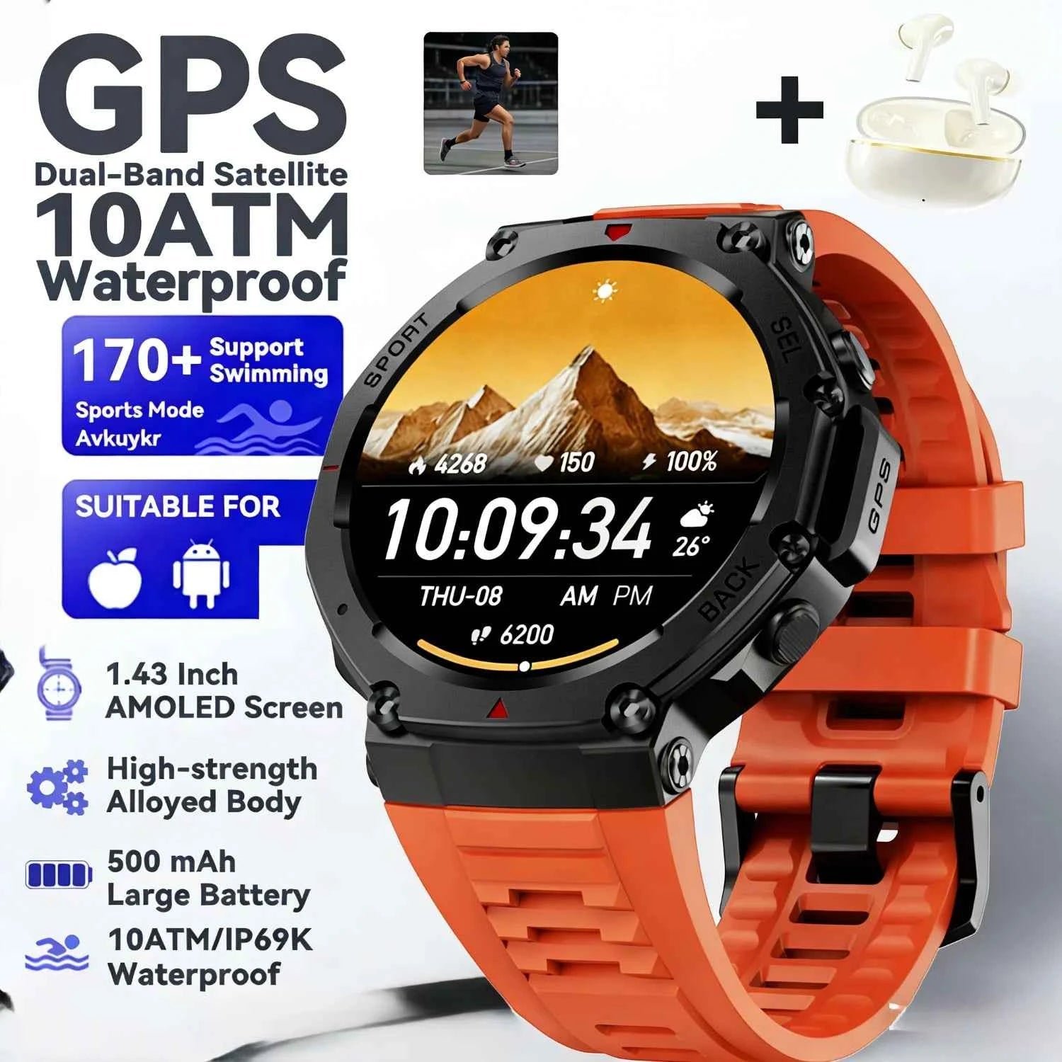 New Rugged GPS DM58 Smart Watch 500mAh Battery 170 Sport Modes 5ATM Waterproof Bt Call AMOLED Display Fitness Outdoor