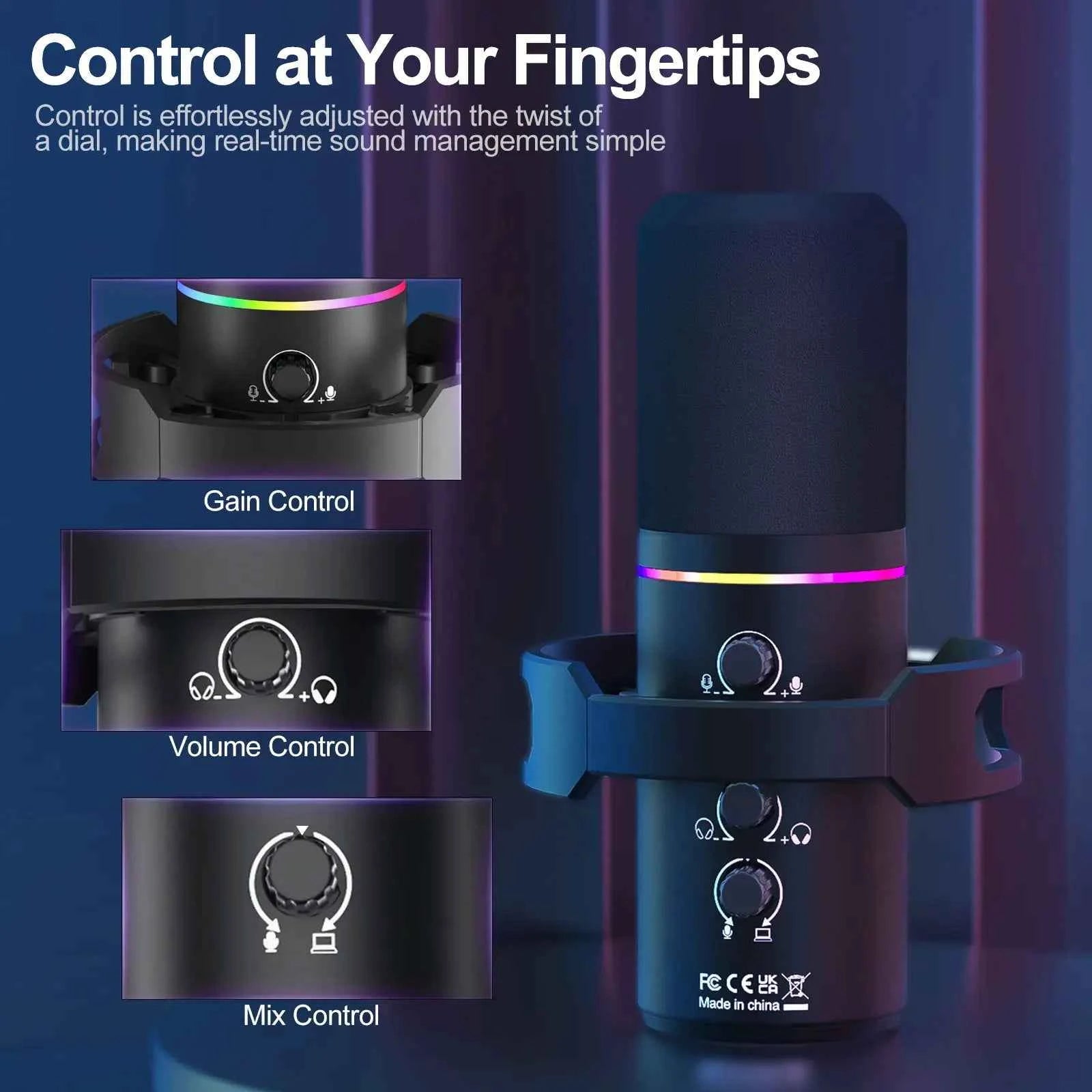 XLR/USB Dynamic Microphone Kit, PC Microphone for Streaming, Podcasting, Gaming, RGB, Mute and Noise Cancelling Function, Volume