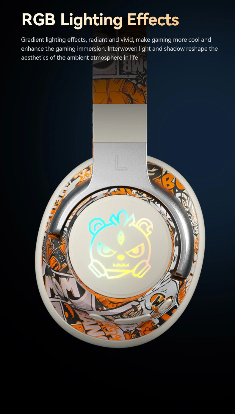 Graffiti Wireless Gaming Headphones 360° Stereo Sound, Support AUX/TF Card Mode Hi-Res Audio, Over Ear Foldable Lightweight