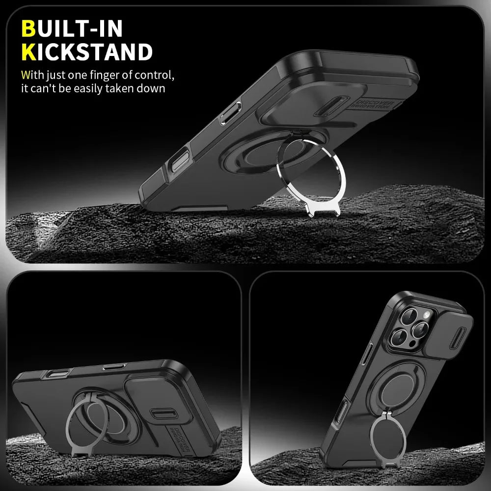 Luxury Heavy-Duty Rugged Armor Magnetic Bracket Case For iPhone 16 15 14 13 12 11 Pro Max Plus Slide Camera Protection PC Cover