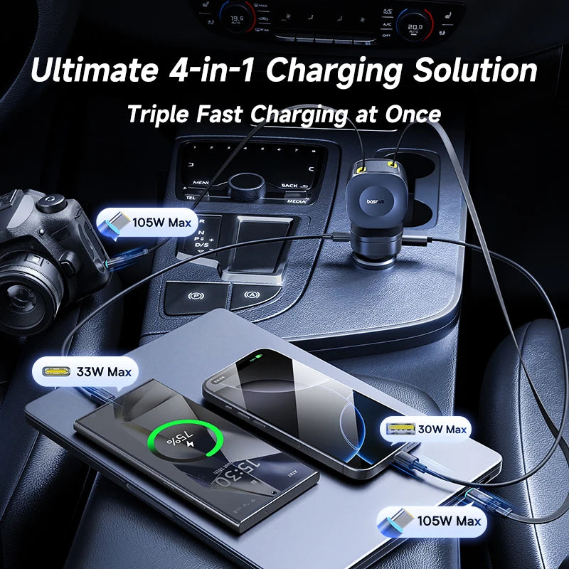 Baseus 240W Car Charger 4 Ports Built in Retractable Cable Fast Charging USB Type-C Car Phone Charger For Samsung iPhone Xiaomi