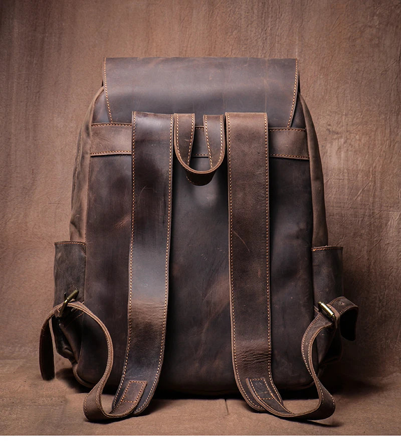 LUOKIR Genuine Leather Laptop Backpack 15 Inch – Vintage Crazy Horse Cowhide Business Travel Backpack for Men, Luxury School Computer Bag