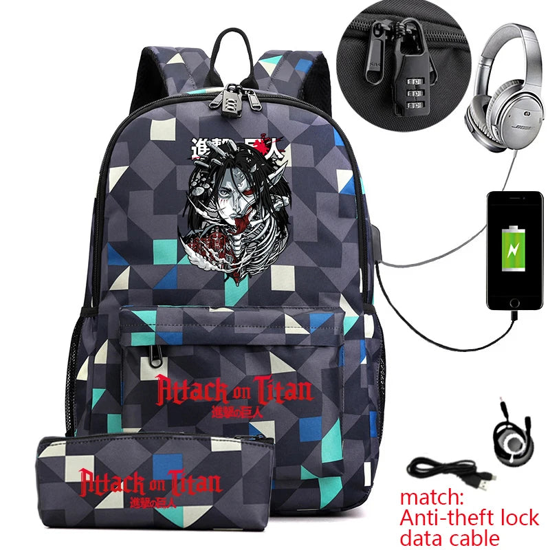Attack on Titan Anime Print School Backpack Anti-Theft Laptop Bag for Boys Girls with Pencil Case