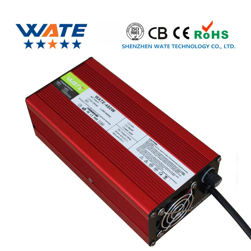 54.6V 8A Charger 13s 48V Lithium ion Battery Charger Output With Cooling Fan Red Aluminum Shell